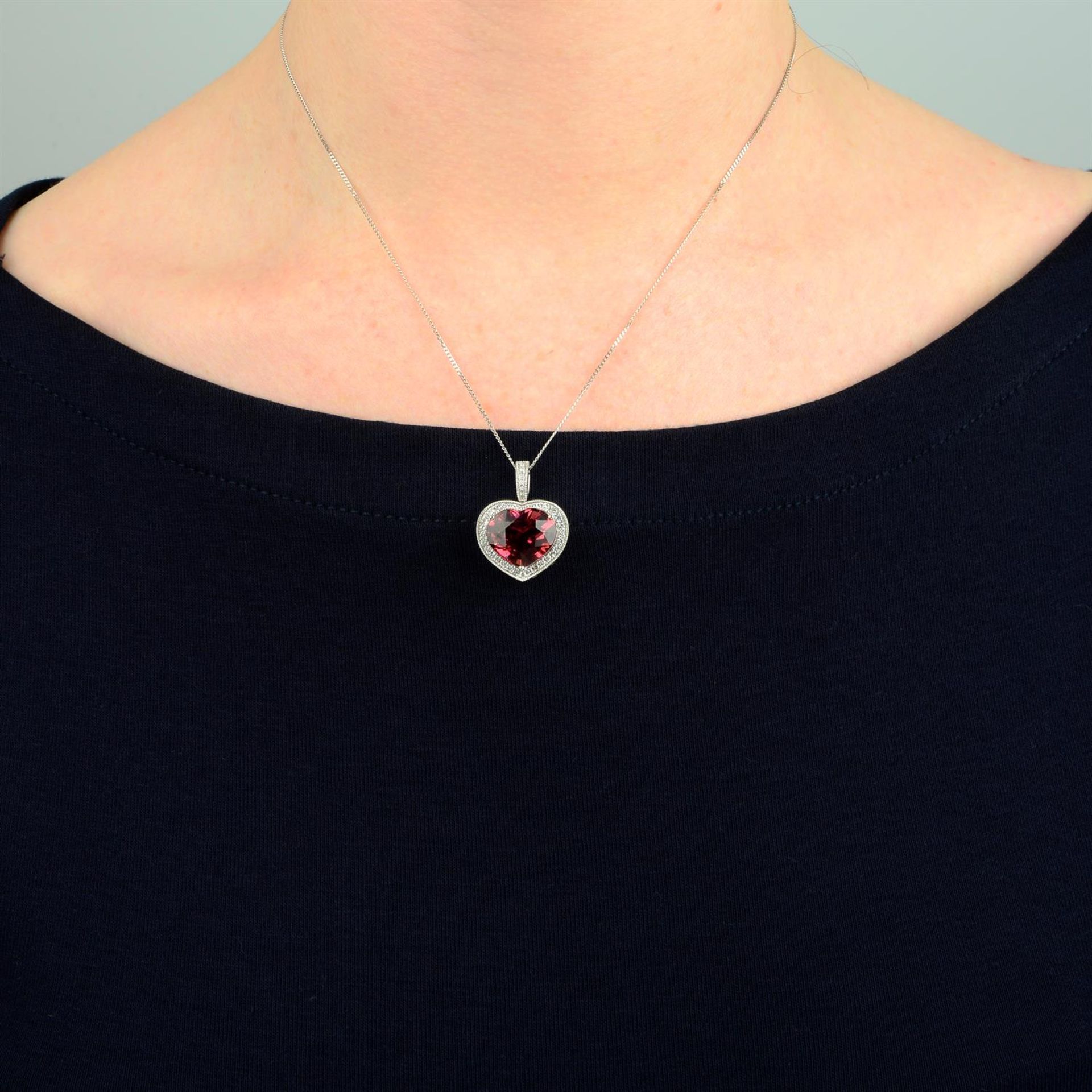 An 18ct gold heart-shape pink tourmaline and diamond pendant, with chain. - Image 5 of 5
