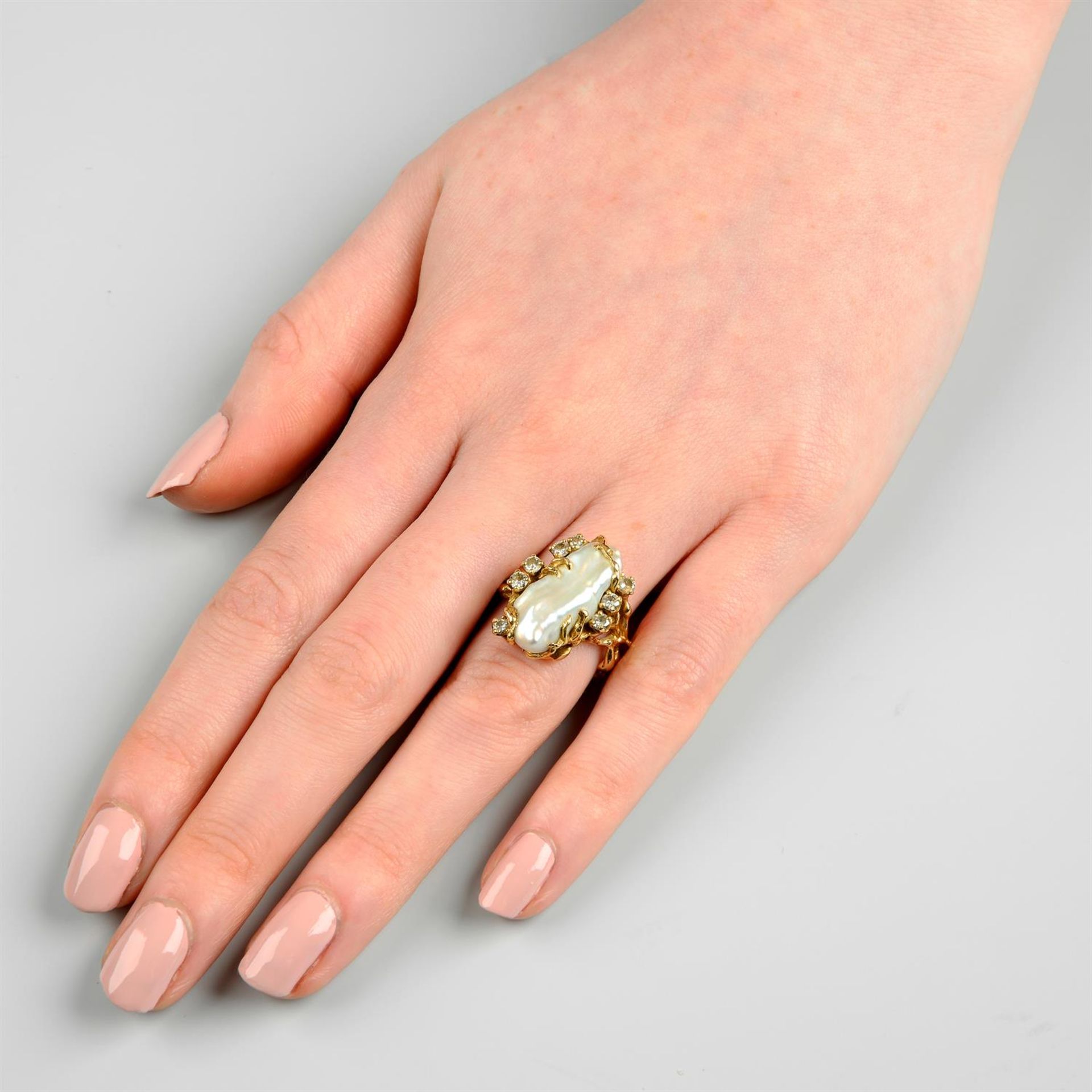 A mid 20th century 14ct gold baroque cultured pearl and brilliant-cut diamond ring. - Image 5 of 5