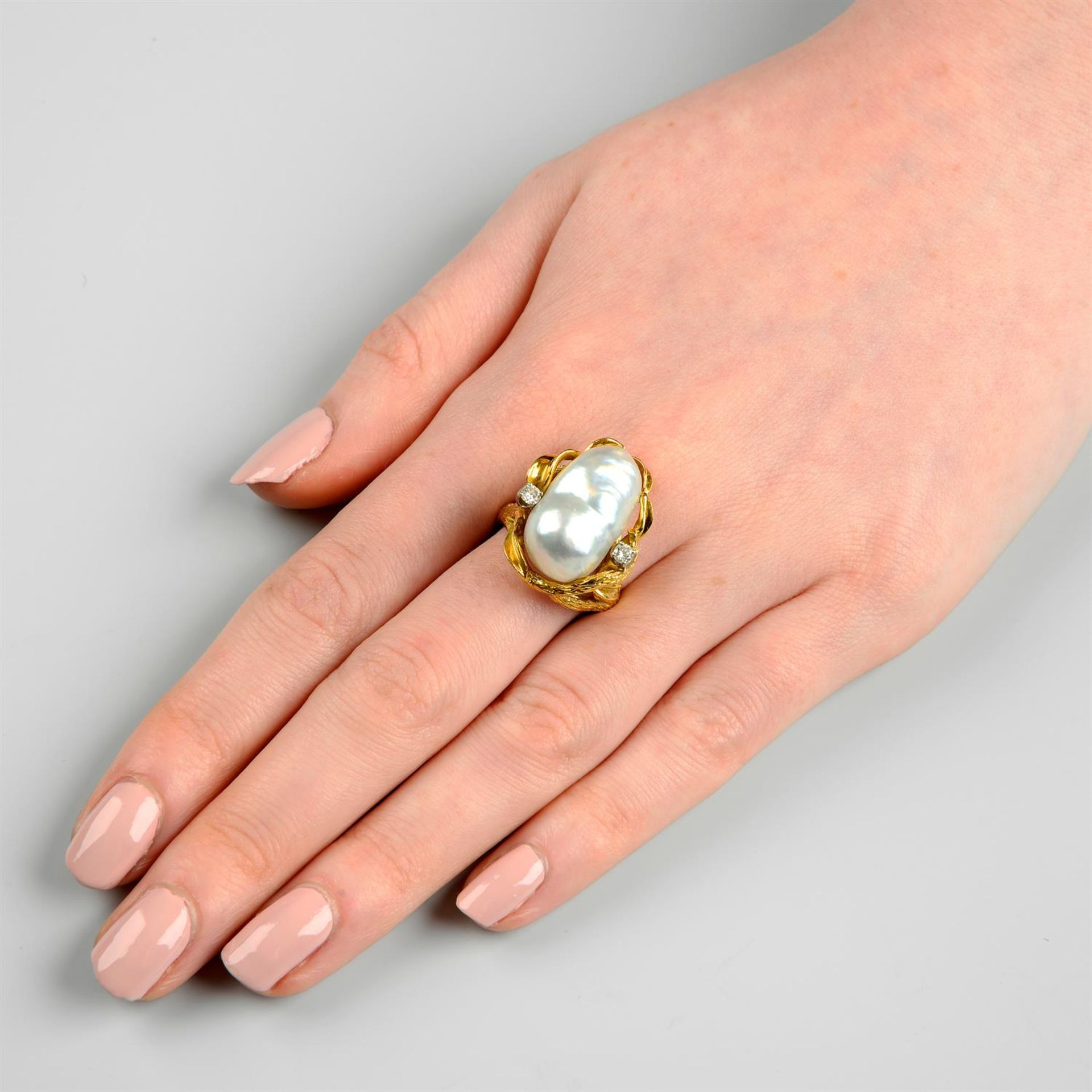 A mid 20th century 18ct gold baroque cultured pearl and brilliant-cut diamond ring, - Image 6 of 6