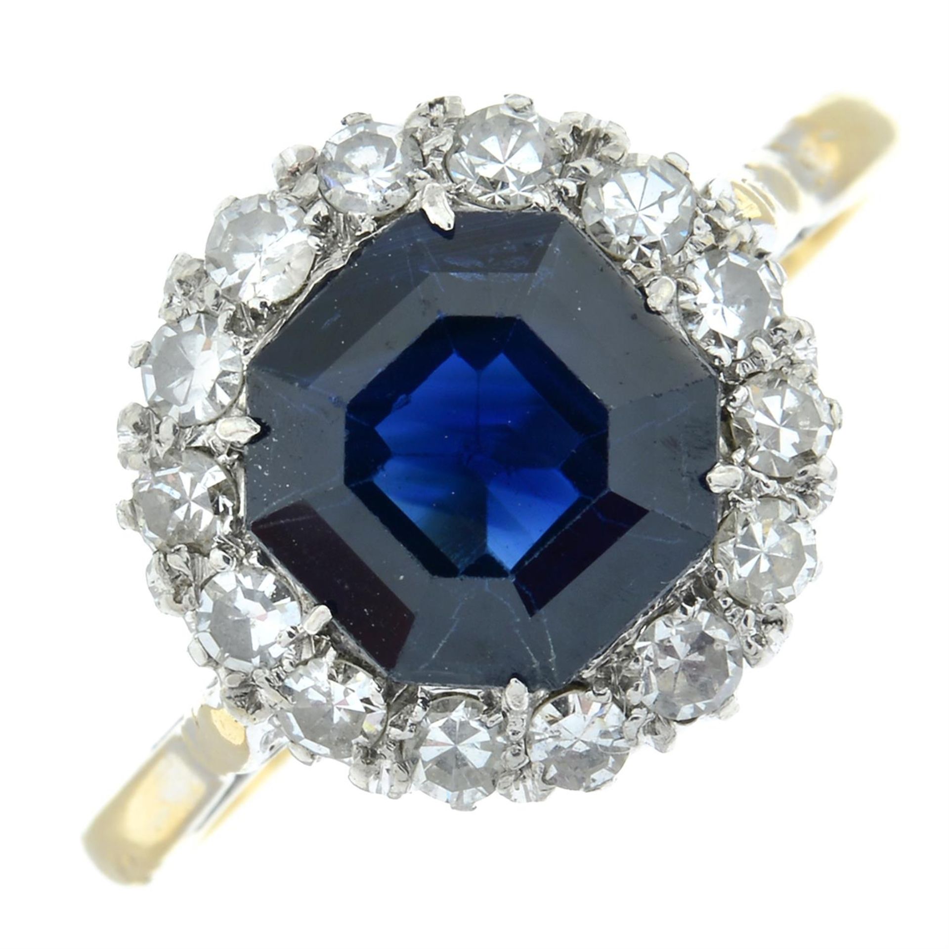 A mid 20th century platinum and 18ct gold sapphire and single-cut diamond cluster ring. - Image 2 of 5