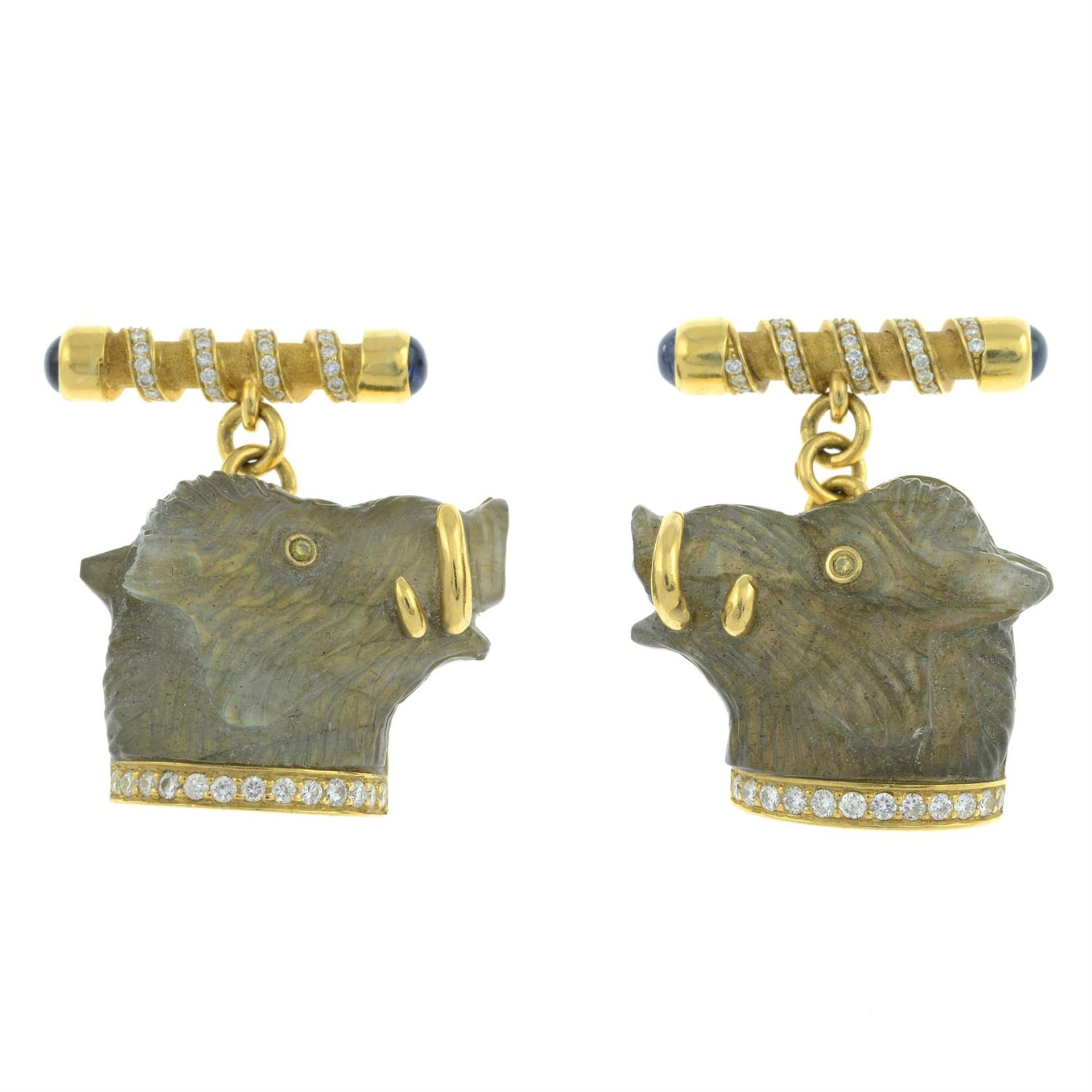 A pair of 18ct gold labradorite sapphire and diamond boar cufflinks, by Zadora. - Bild 2 aus 3