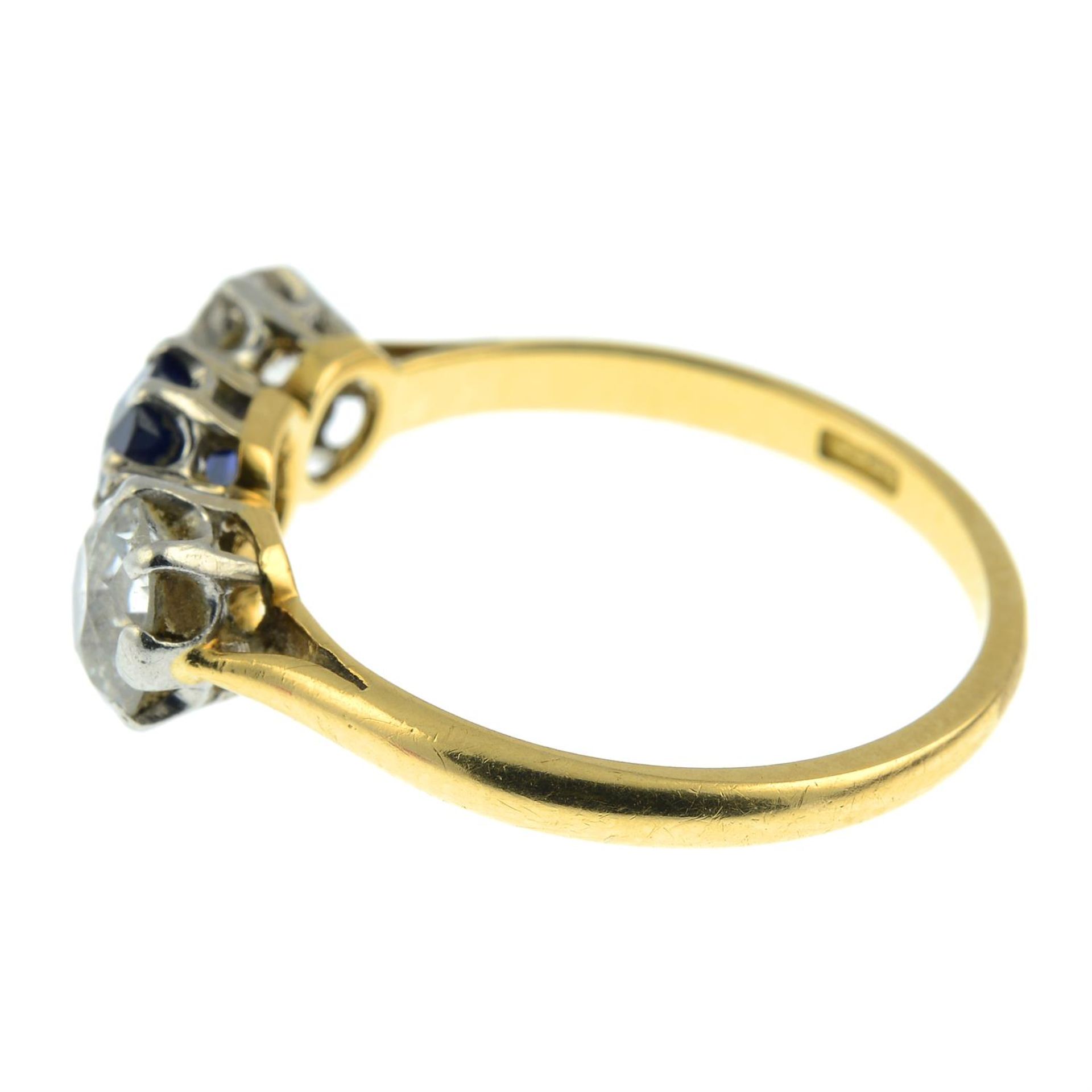 An early 20th century 18ct gold sapphire and old-cut diamond three-stone ring. - Image 3 of 6