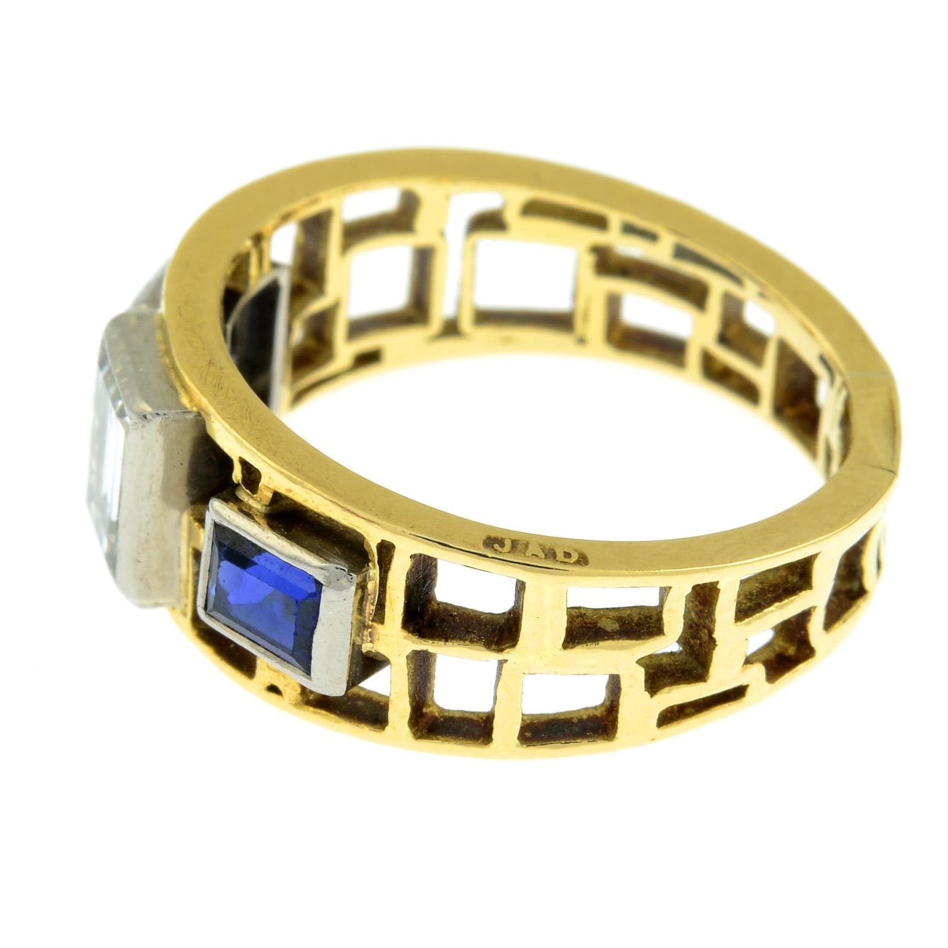 A mid 20th century 18ct gold rectangular-shape diamond and sapphire openwork ring, by John Donald. - Image 3 of 5