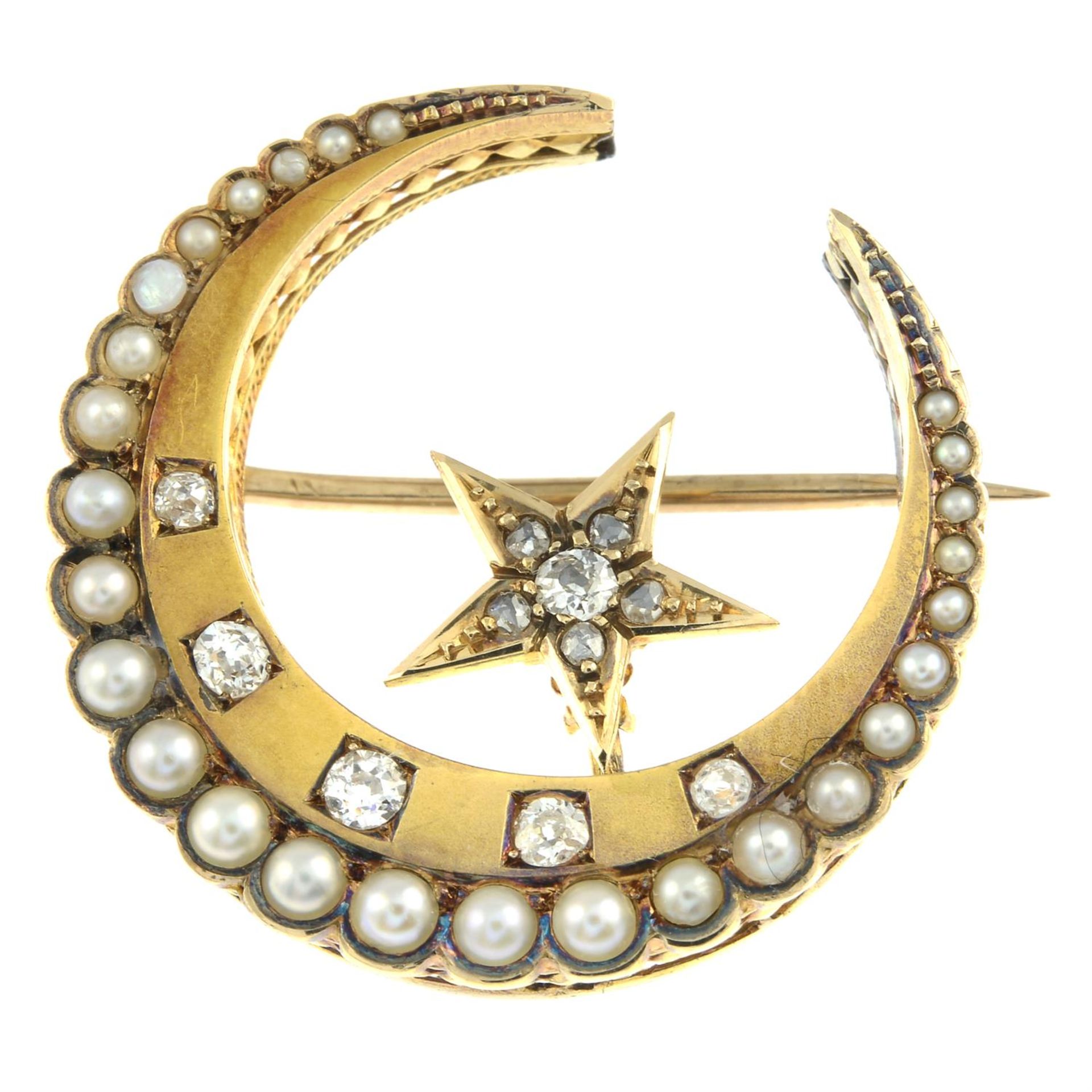 A late Victorian gold split pearl and diamond star and crescent moon brooch. - Bild 2 aus 4