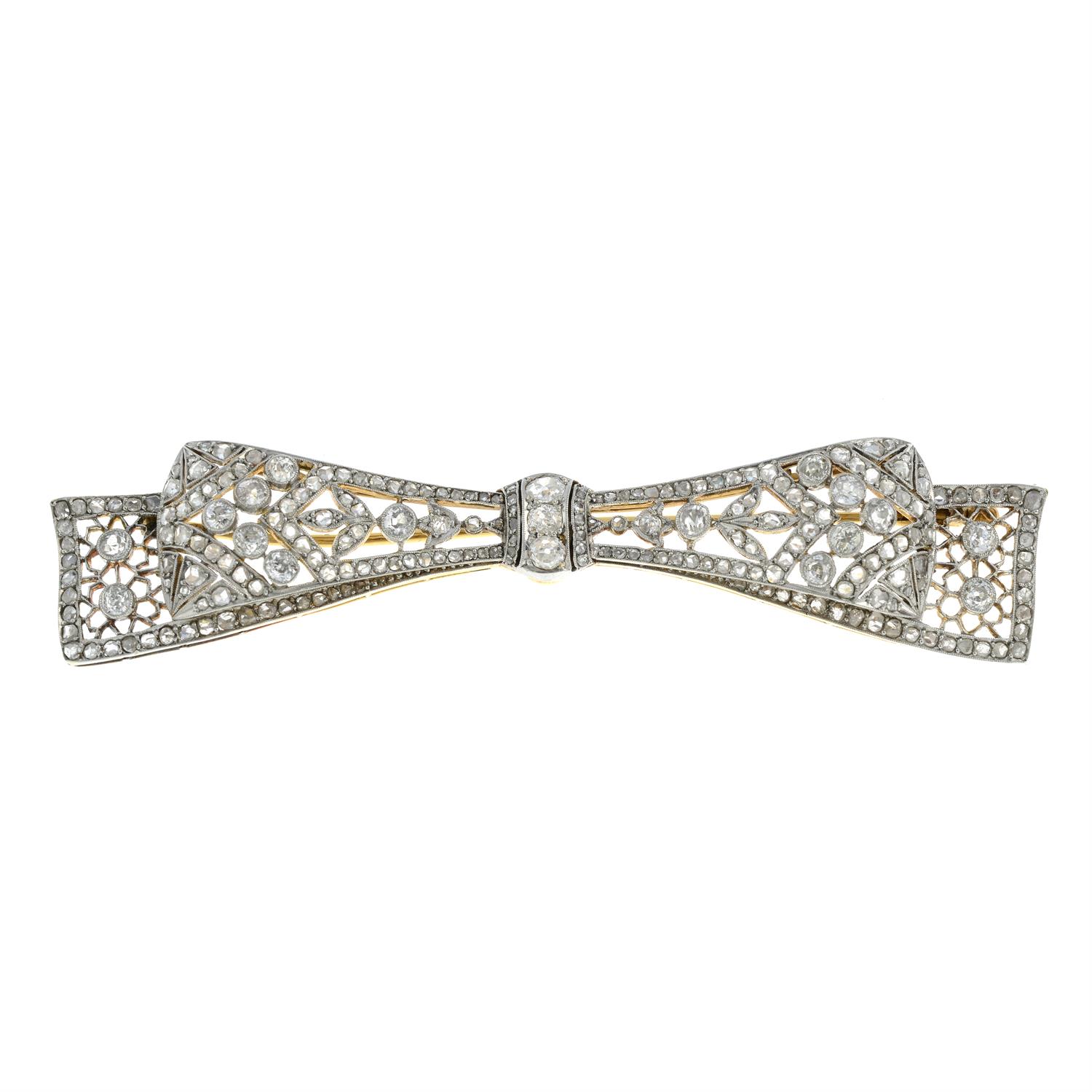 An early 20th century platinum and 18ct gold, old and rose-cut diamond openwork bow brooch. - Image 2 of 4