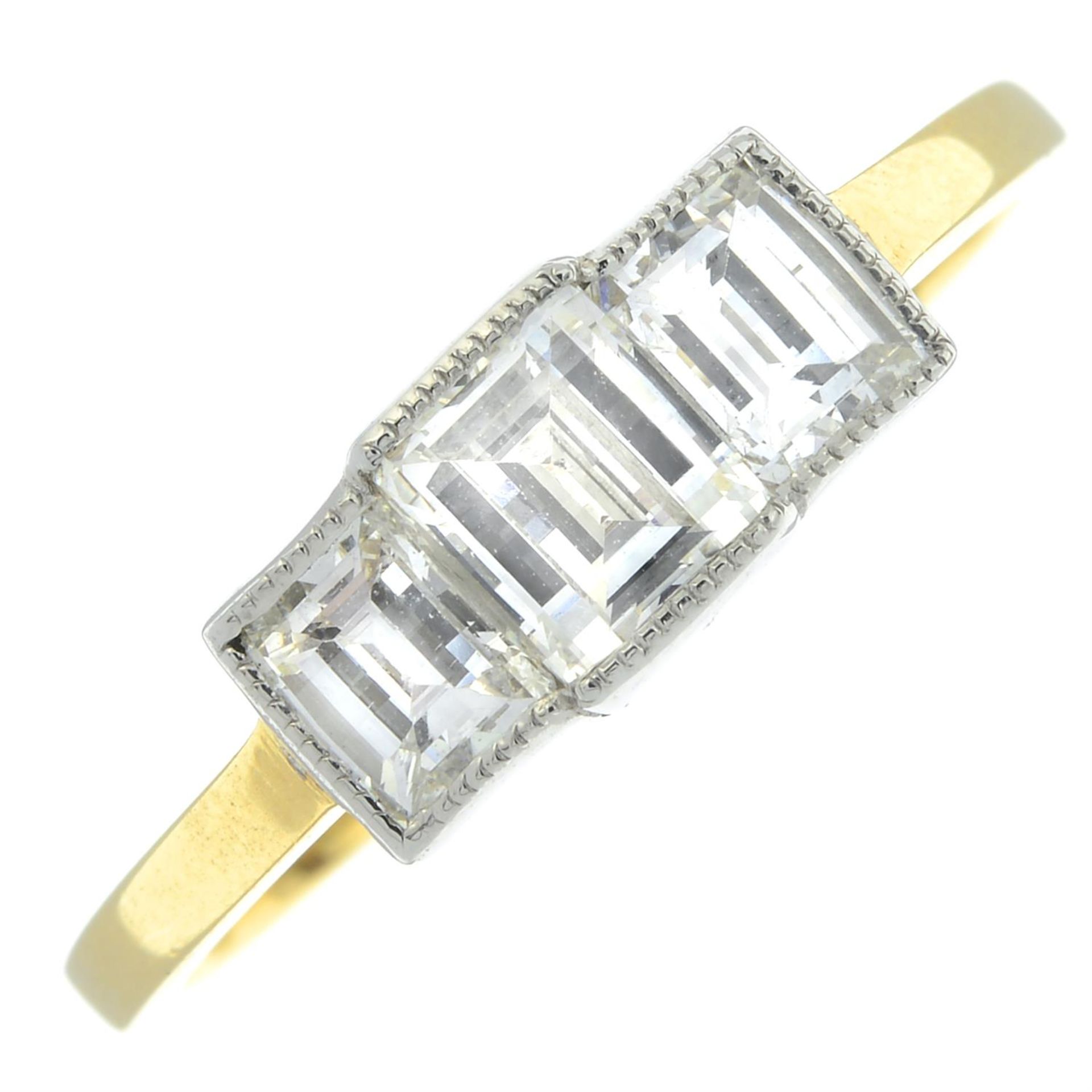 A modified rectangular-shape diamond three-stone ring. - Image 2 of 6