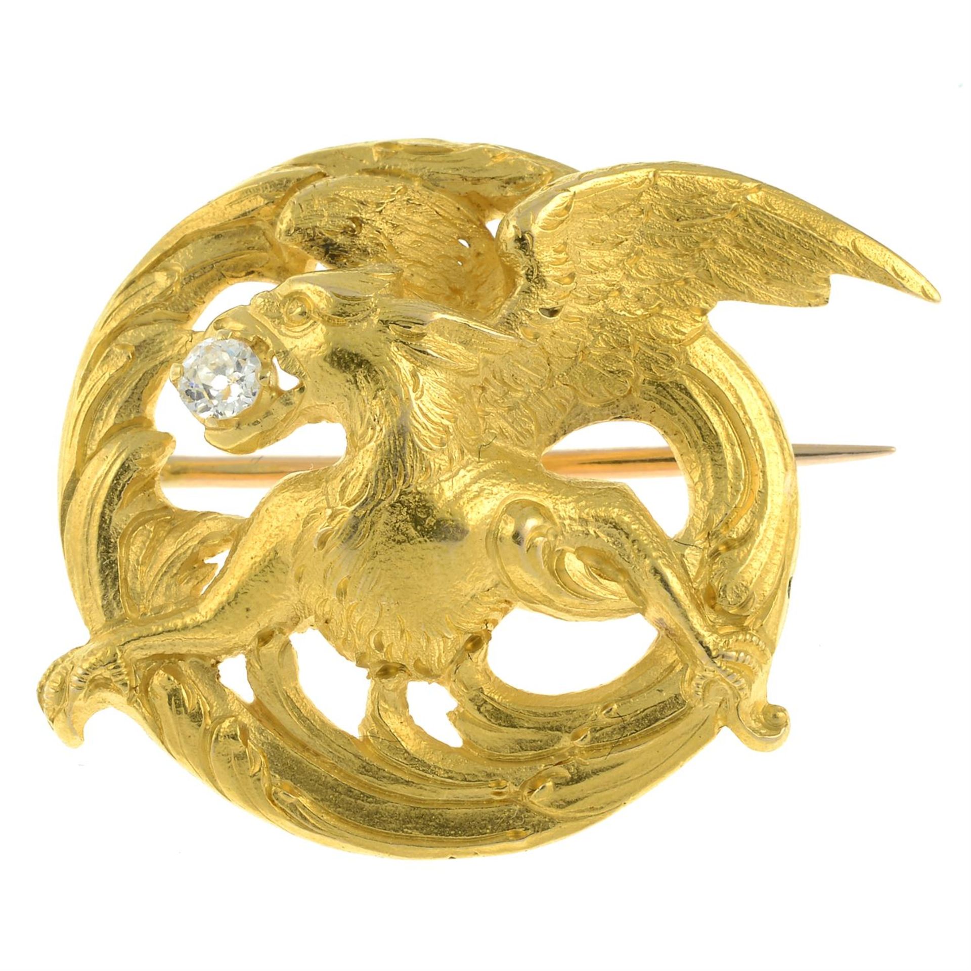 A late Victorian Art Nouveau 18ct gold griffin brooch, with old-cut diamond highlight. - Image 2 of 4
