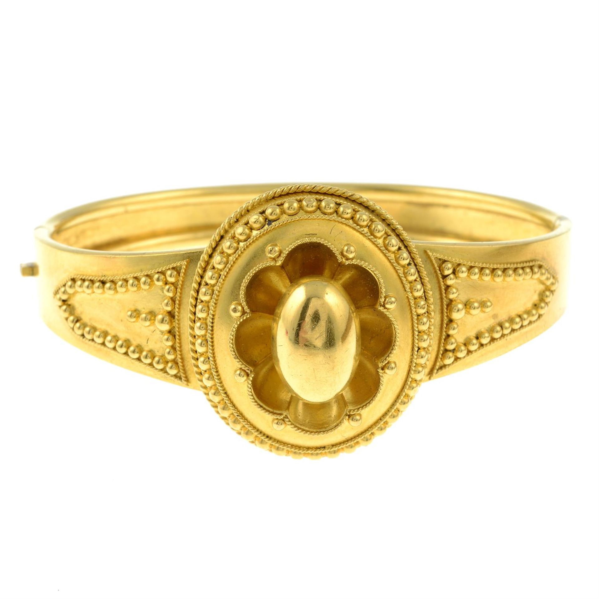 A late 19th century gold bead and rope-twist hinged bangle, with locket reverse. - Image 2 of 3