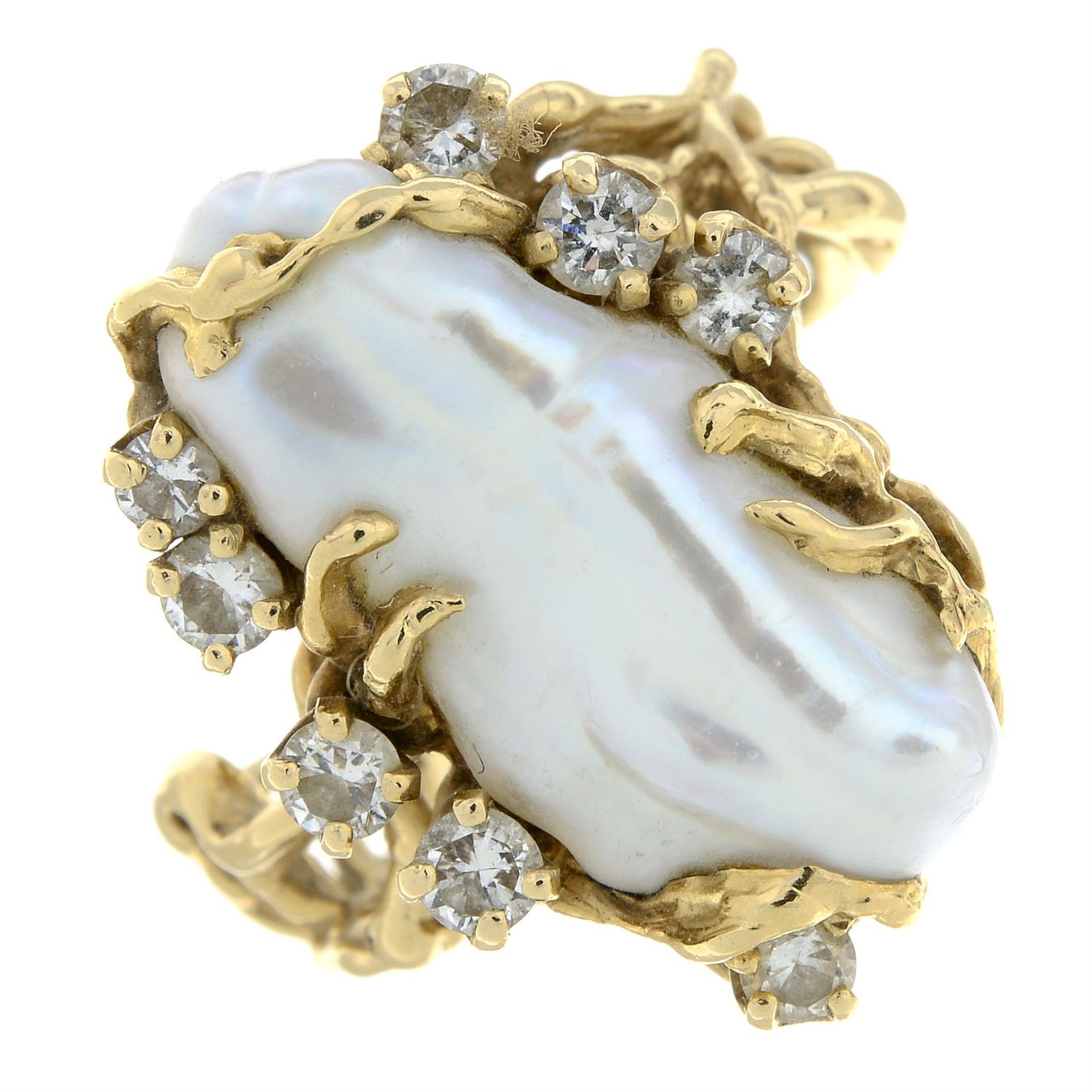 A mid 20th century 14ct gold baroque cultured pearl and brilliant-cut diamond ring. - Image 2 of 5