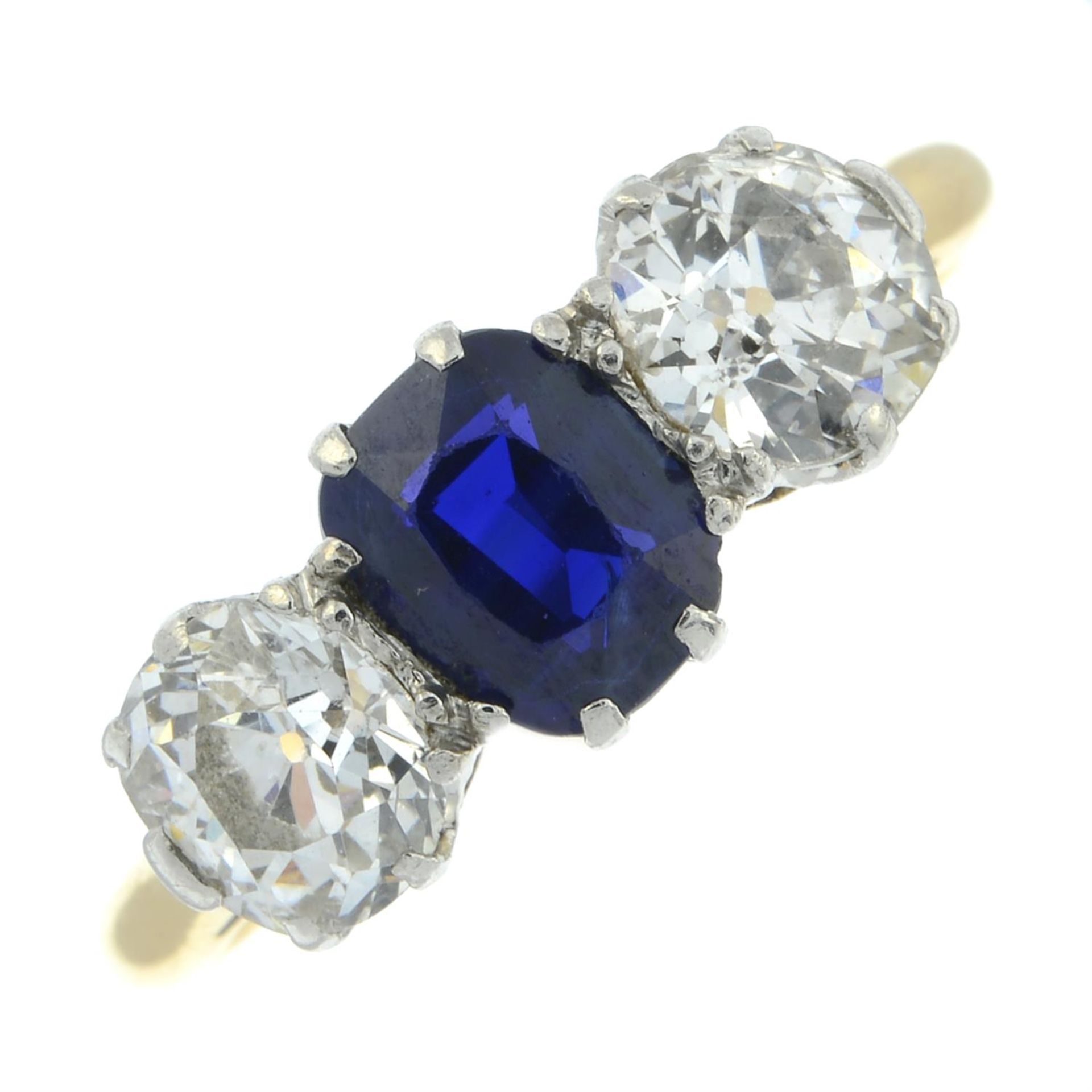 An early 20th century 18ct gold sapphire and old-cut diamond three-stone ring. - Image 2 of 6