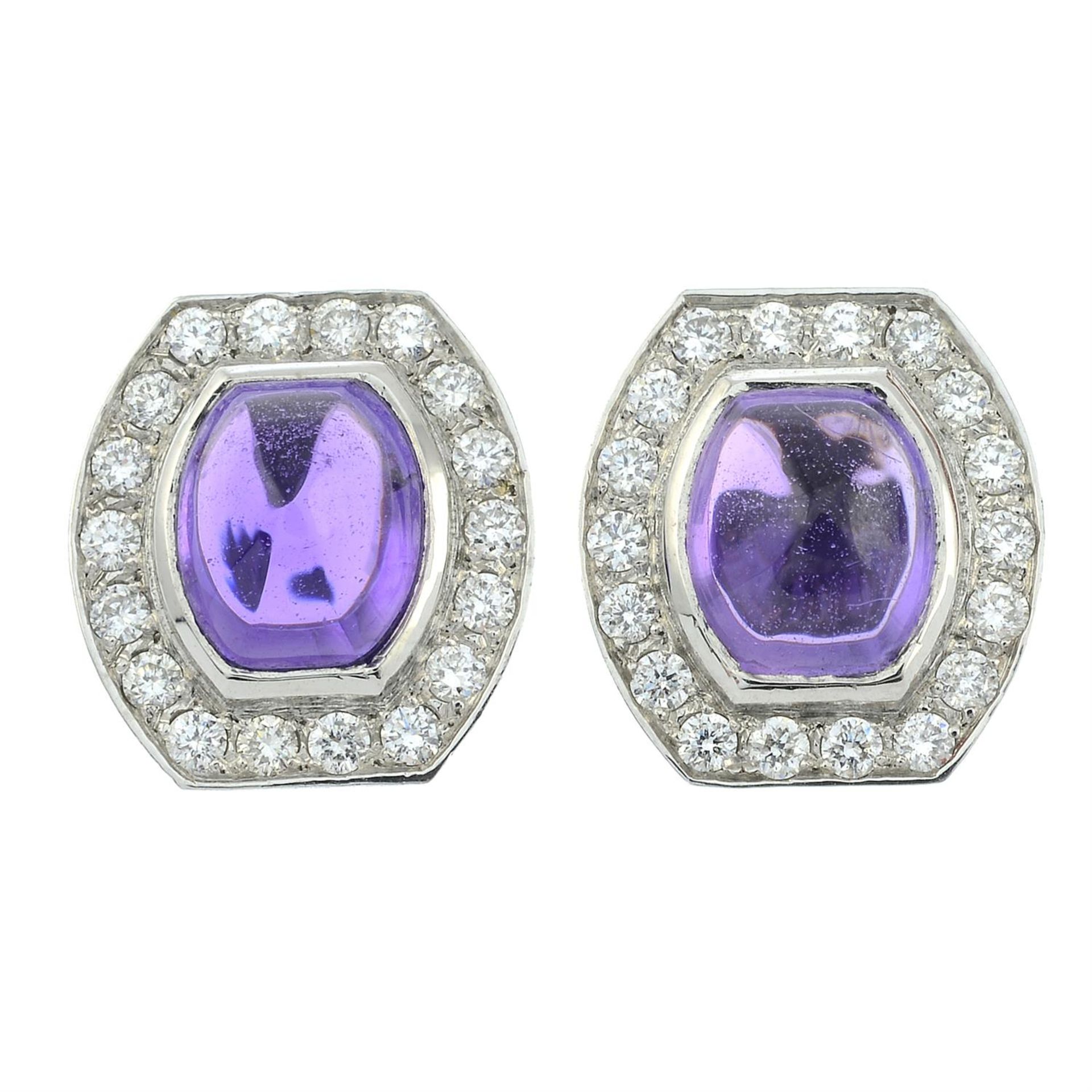 A pair of 18ct gold purple sapphire cabochon and brilliant-cut diamond earrings. - Image 2 of 3