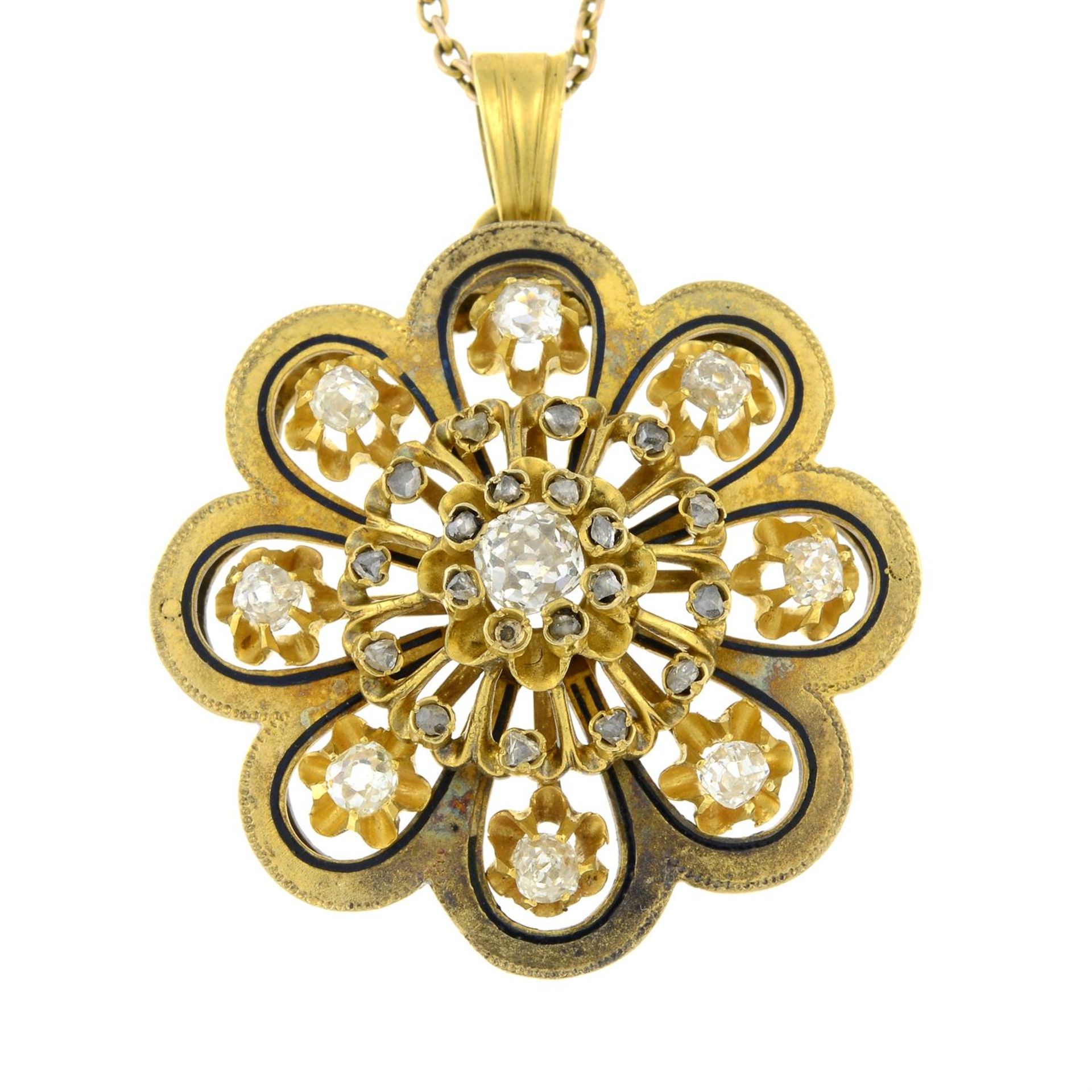 A late 19th century gold, old and rose-cut diamond and black enamel pendant, with early 20th - Bild 2 aus 5