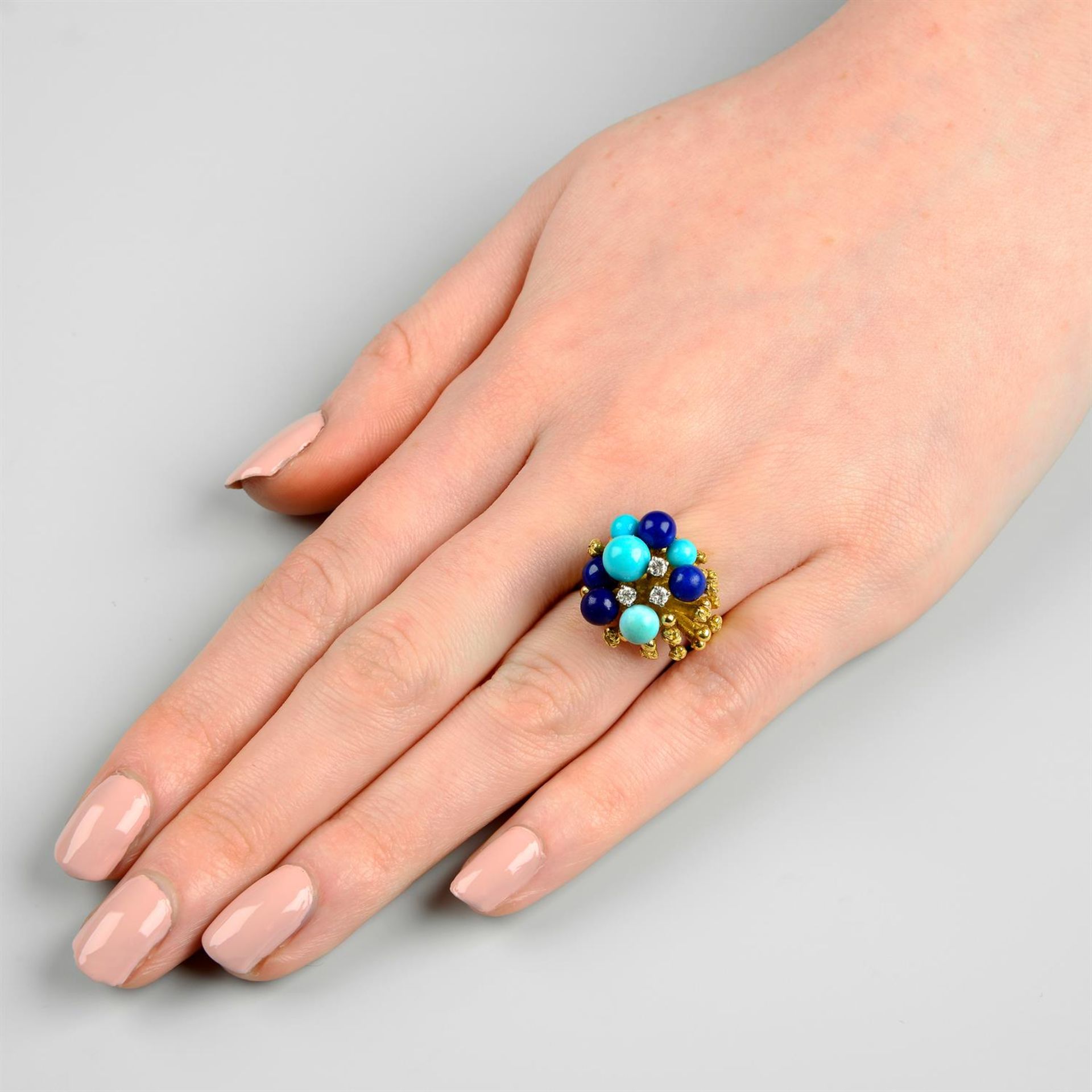A diamond, turquoise and lapis lazuli bead bombè ring, with textured shoulders. - Image 6 of 6