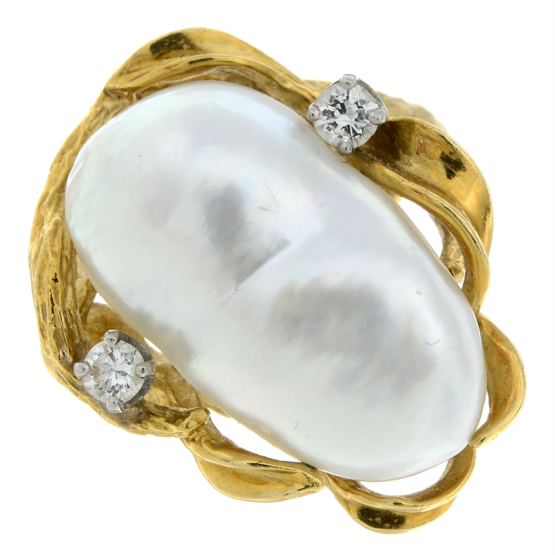 A mid 20th century 18ct gold baroque cultured pearl and brilliant-cut diamond ring, - Image 2 of 6