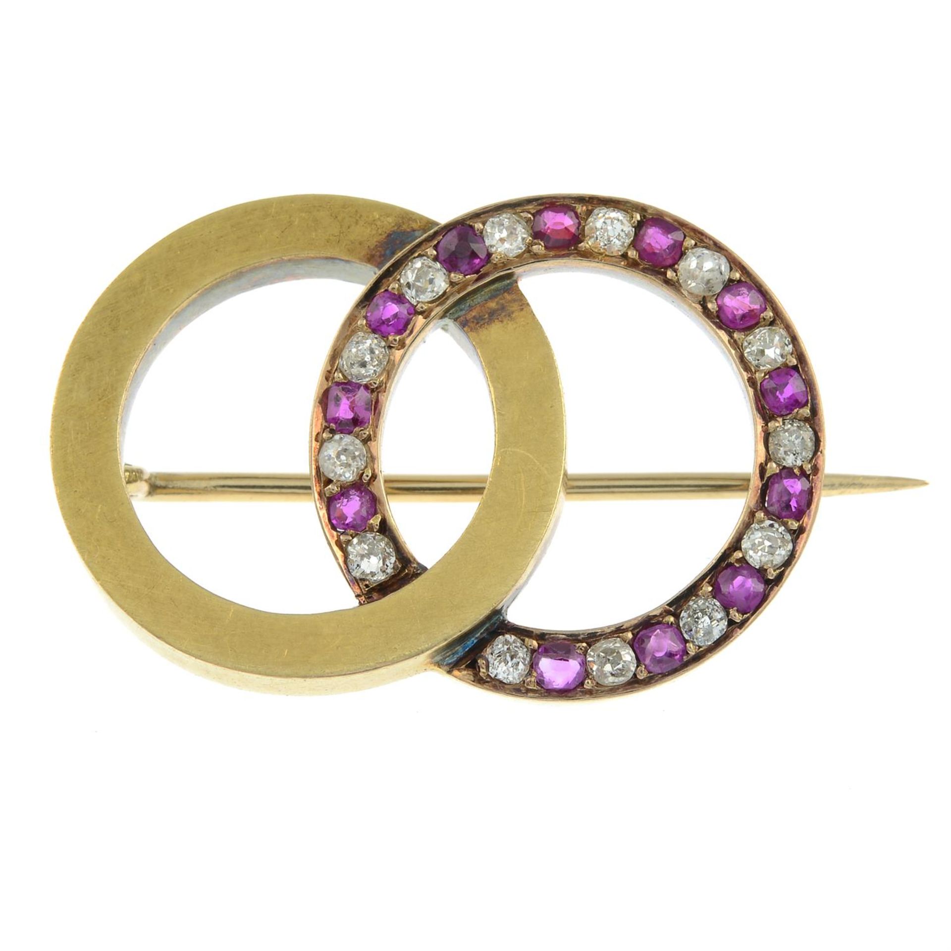 An early 20th century 18ct gold brooch, comprising alternating old-cut diamond, pink sapphire and - Image 2 of 4