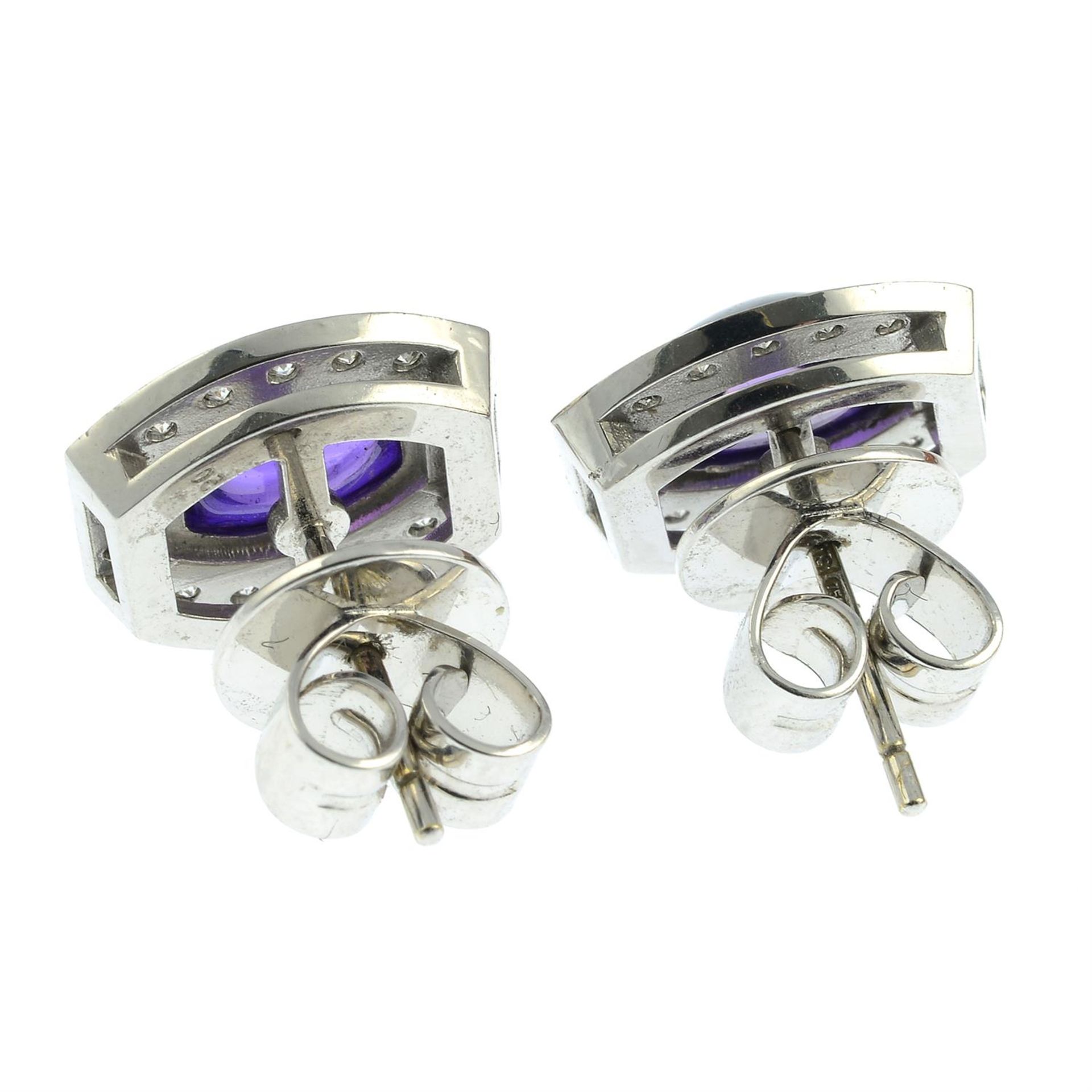 A pair of 18ct gold purple sapphire cabochon and brilliant-cut diamond earrings. - Image 3 of 3