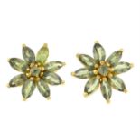 A pair of green sapphire floral cluster earrings.