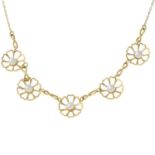 A 9ct gold cultured pearl flower necklace.