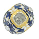 A diamond and vari-hue enamel ring, with floral motif.