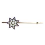 A late 19th century gold blue enamel and split pearl star bar brooch.