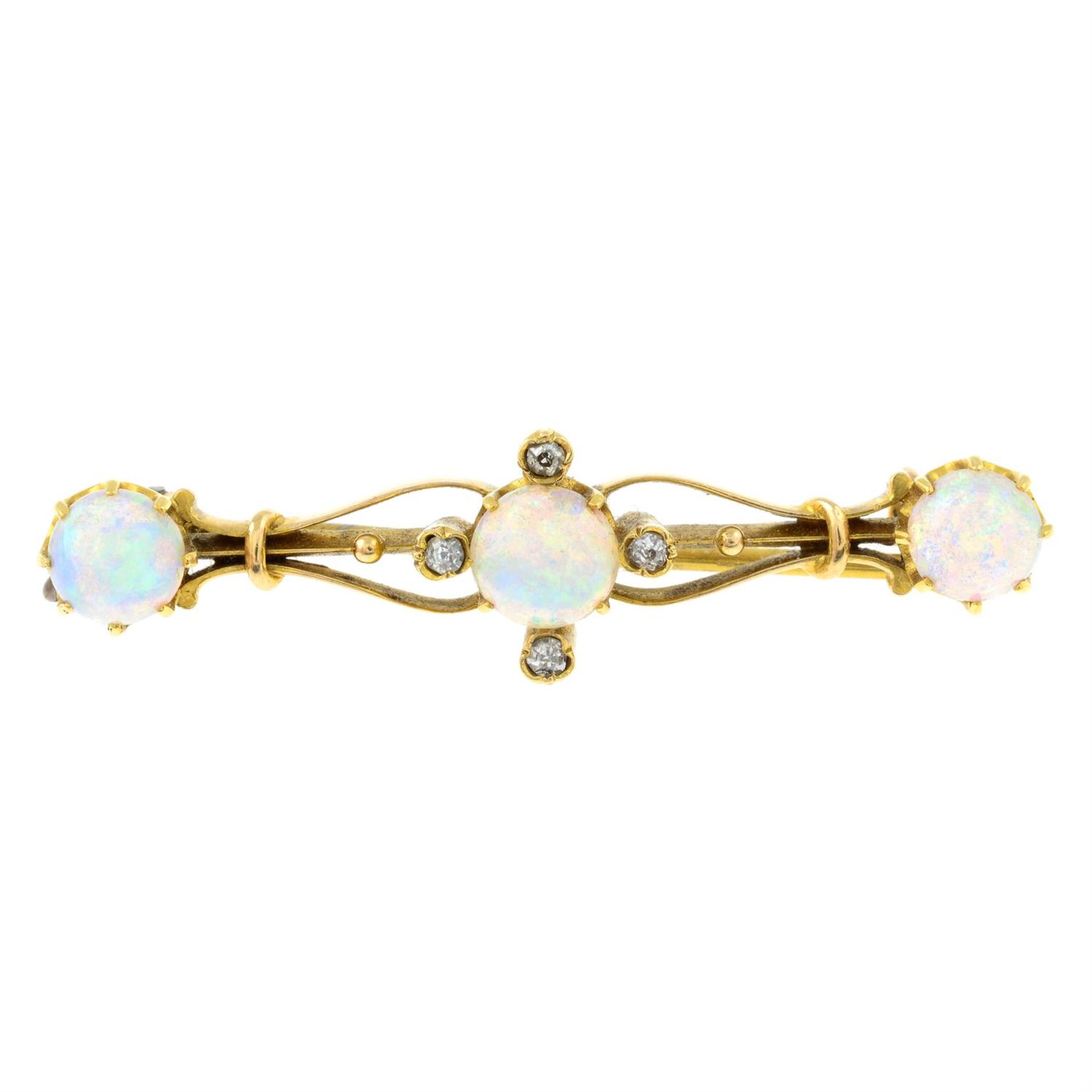 An early 20th century 18ct gold opal and old-cut diamond brooch.