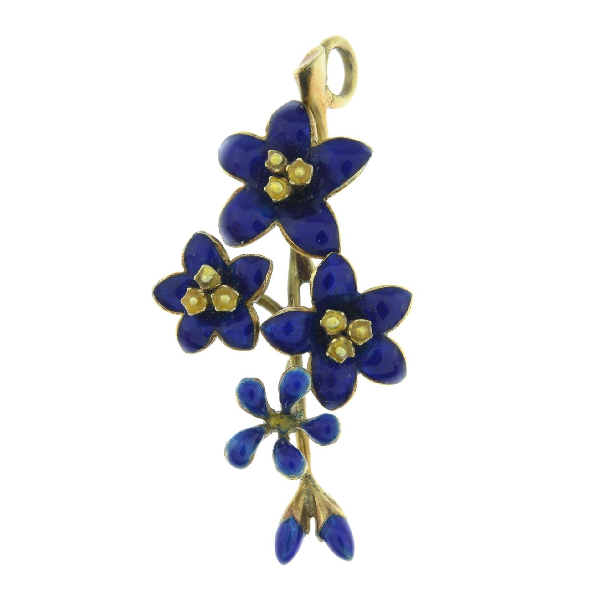 A mid 20th century 18ct gold blue enamel floral brooch, by Tiffany & Co.