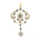 A 9ct gold sapphire and split pearl openwork pendant.