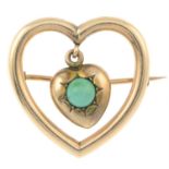 A late Victorian 9ct gold heart brooch, suspending a turquoise heart drop.