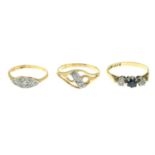 Three diamond and sapphire dress rings.