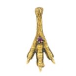 A late Victorian 15ct gold claw brooch, with ruby highlight.