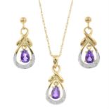 A set of 9ct gold amethyst and diamond jewellery, comprising a pair of earrings and a necklace.