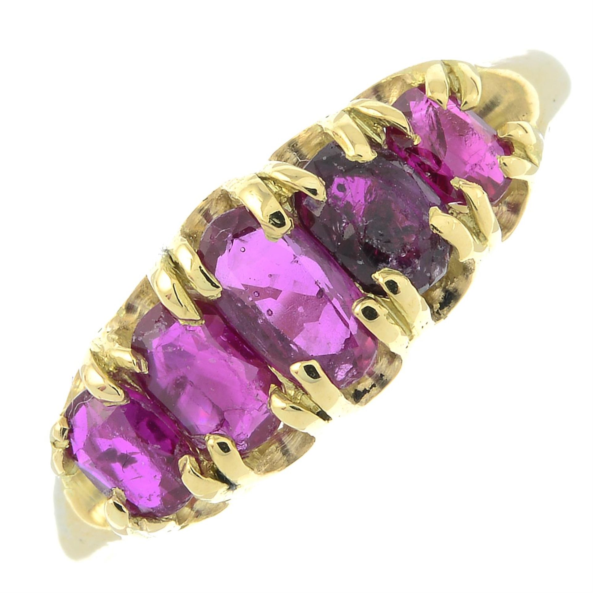 A 14ct gold ruby and synthetic ruby five-stone ring.