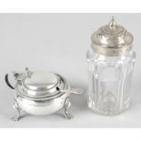 An Edwardian silver mustard pot & spoon, together with a William IV silver lidded glass caster,