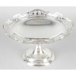 A George V silver pedestal dish with pierced border and presentation engraving.