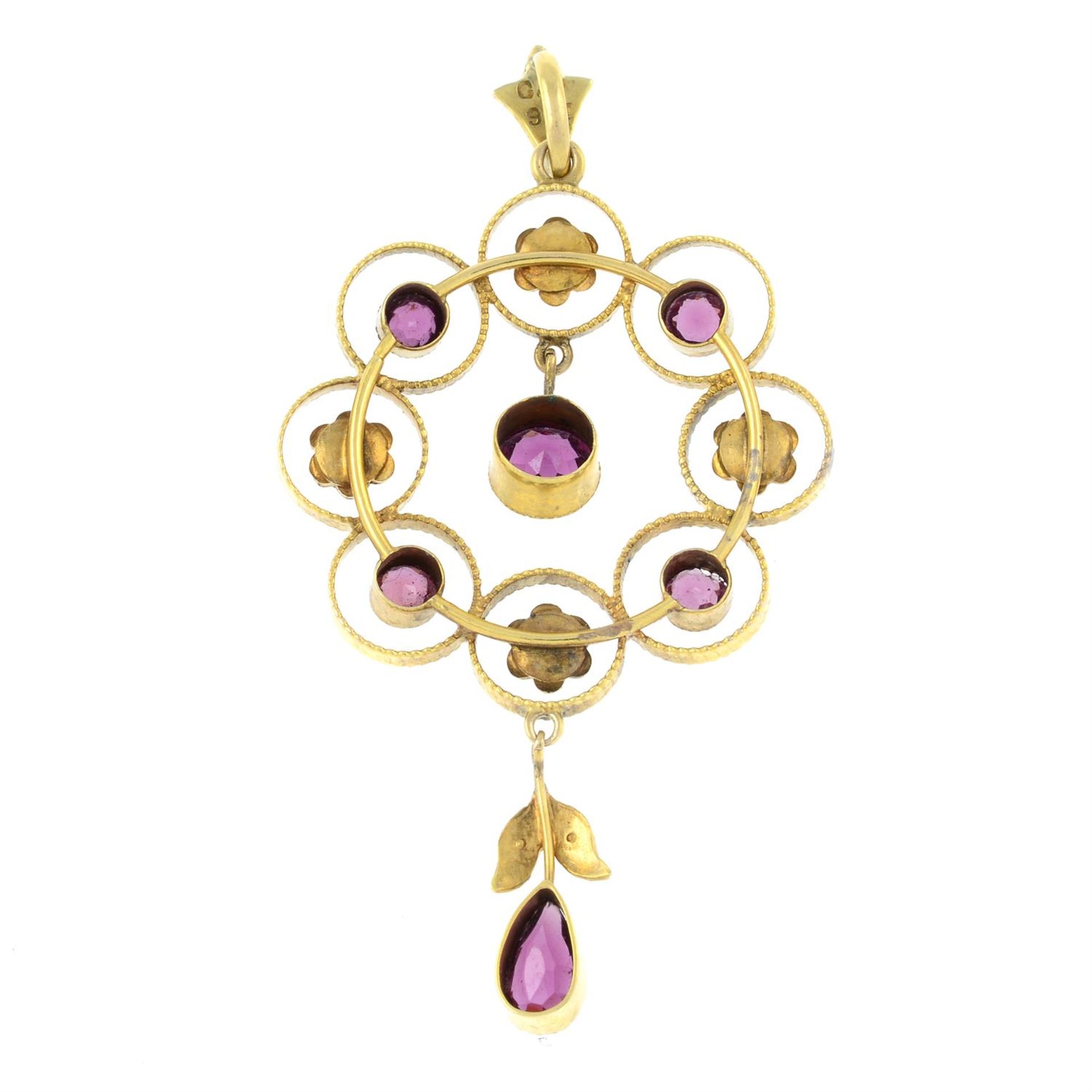 An early 20th century 9ct gold amethyst and split pearl pendant. - Image 2 of 2