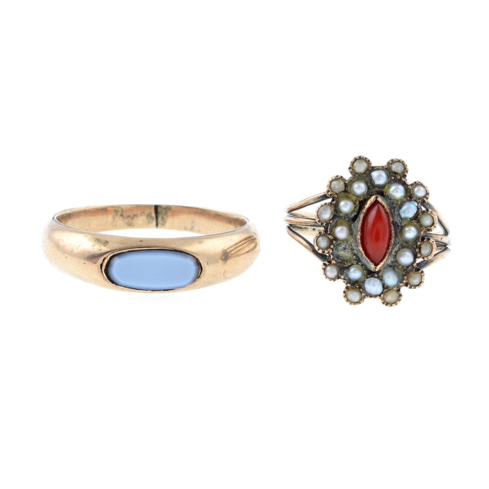 A mid 19th century split pearl and coral cluster ring, together with an early 20th century agate