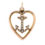 An early 20th century gold split pearl pendant, depicting an anchor within a heart.