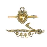 Two late 19th century brooches, to include a heart-shape citrine heart and split pearl brooch,