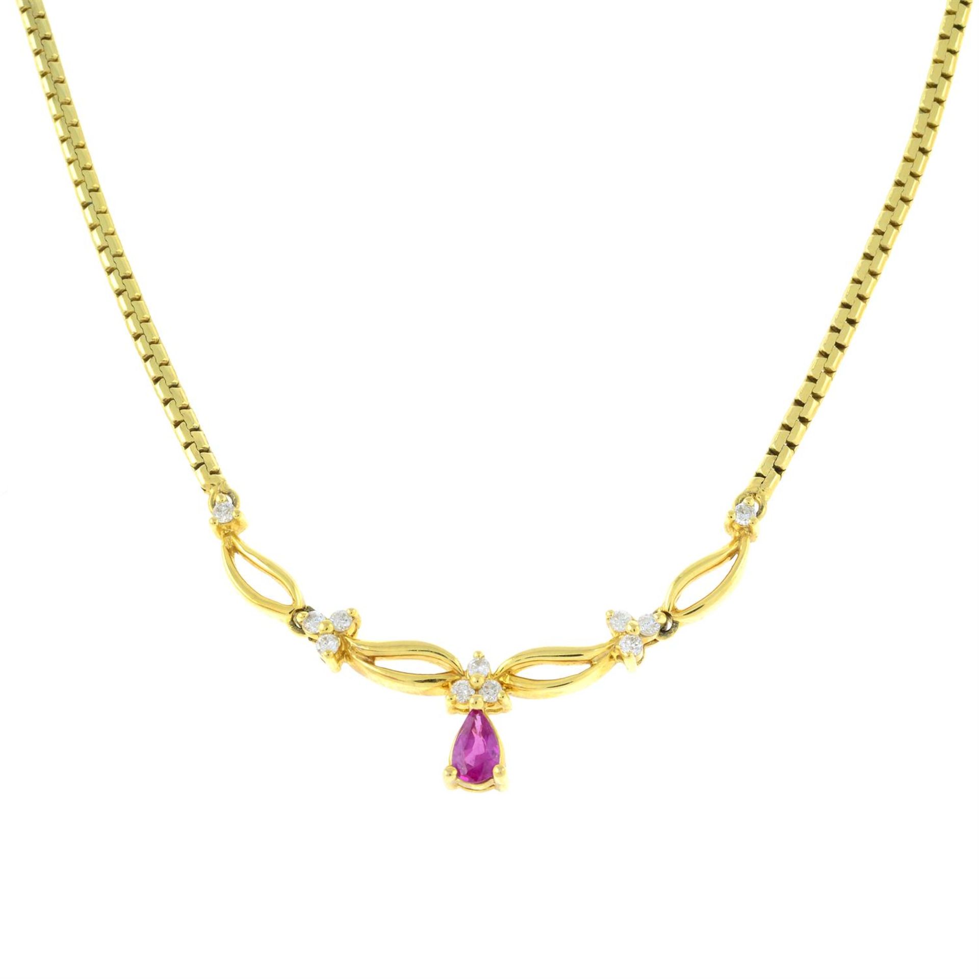 A 9ct gold pear-shape ruby and brilliant-cut diamond necklace.