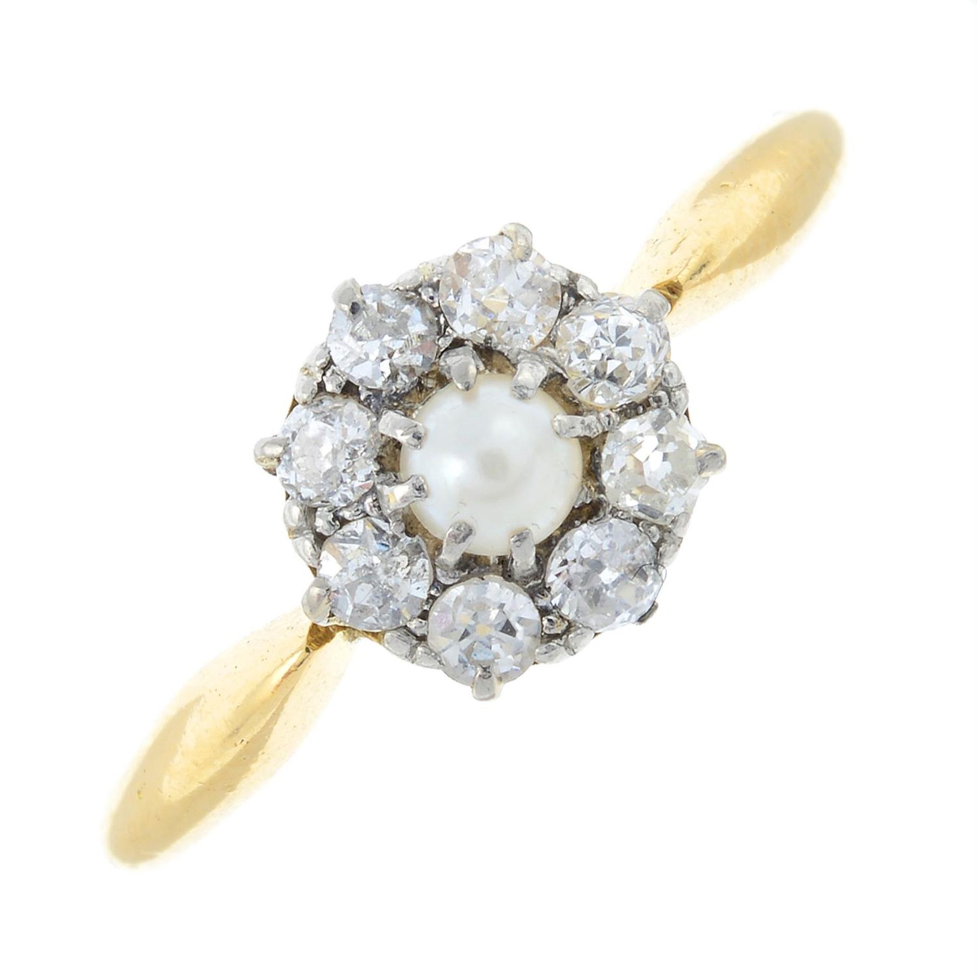 An 18ct gold and platinum old-cut diamond and split pearl cluster ring.