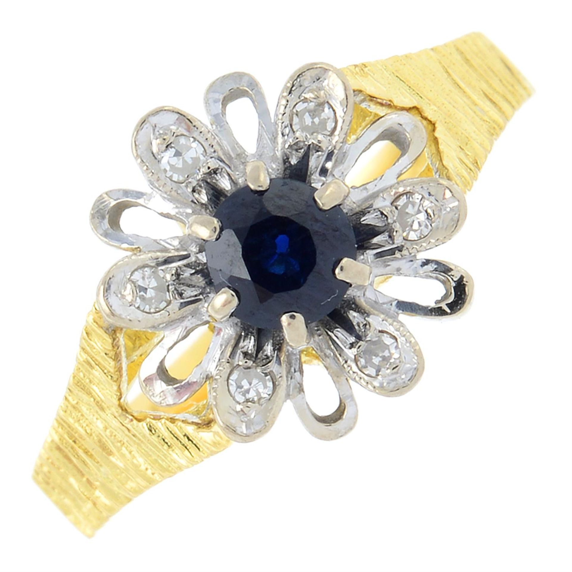 A 1970s 18ct gold sapphire and diamond floral cluster ring.