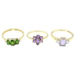 Three 9ct gold gem-set rings.