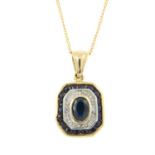 A 9ct gold sapphire and diamond rectangular-shape cluster pendant, with .