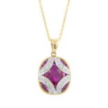 A 9ct gold ruby and pave-set diamond pendant, with 9ct gold chain.