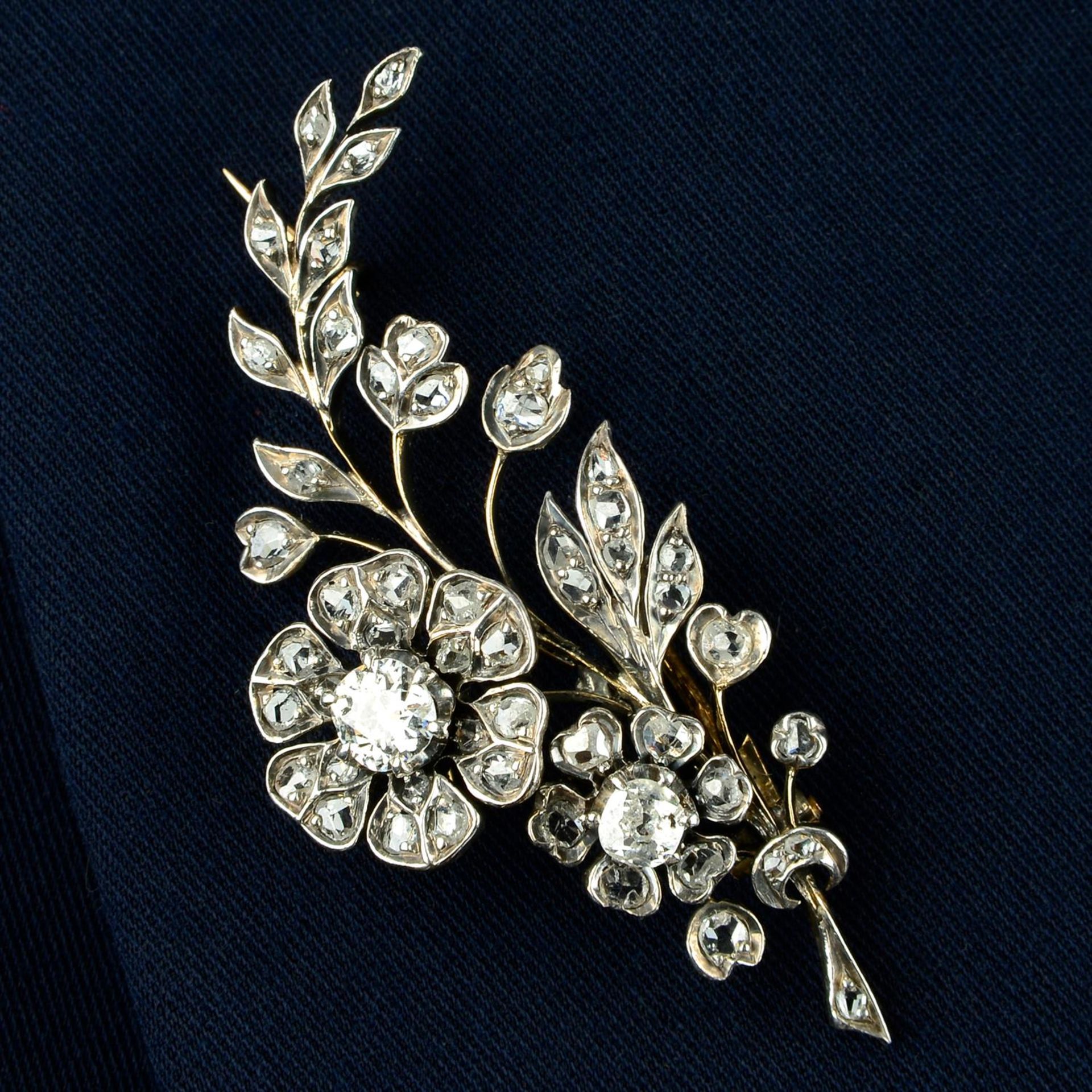 A late 19th century silver and gold, old and rose-cut diamond floral spray brooch. - Bild 3 aus 4