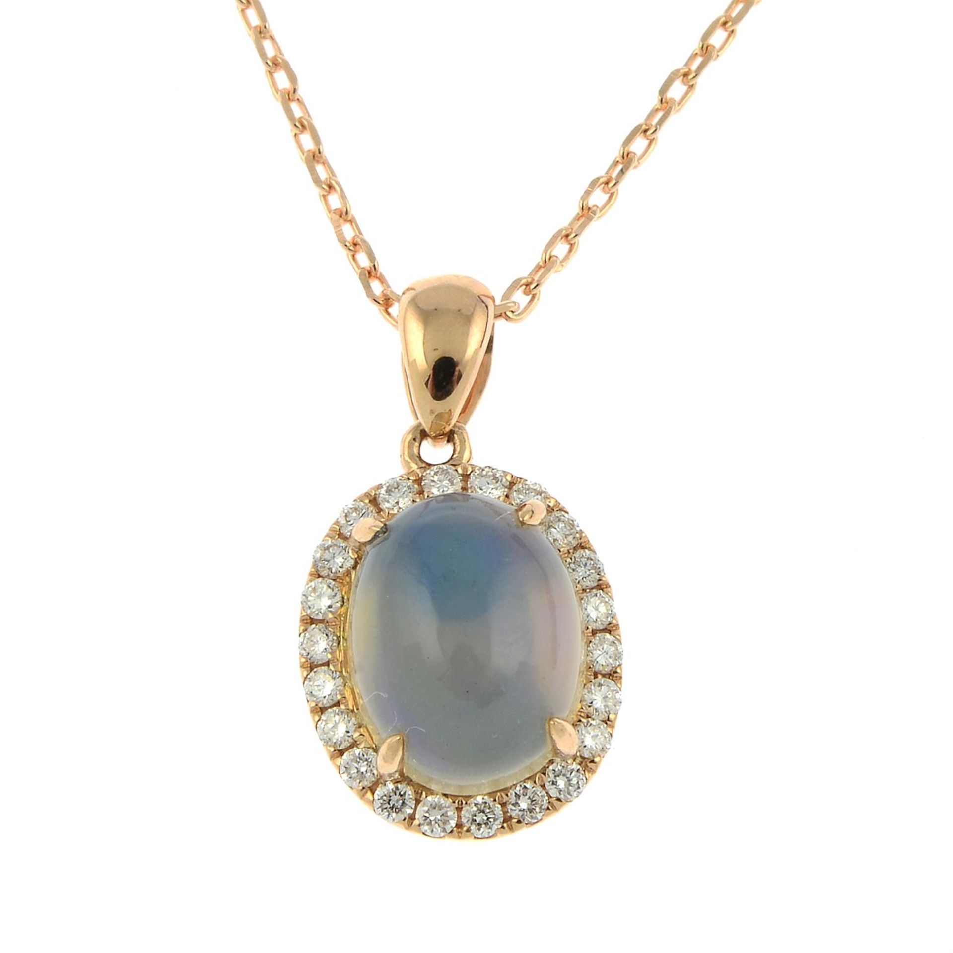 An opal and diamond cluster pendant, with chain.