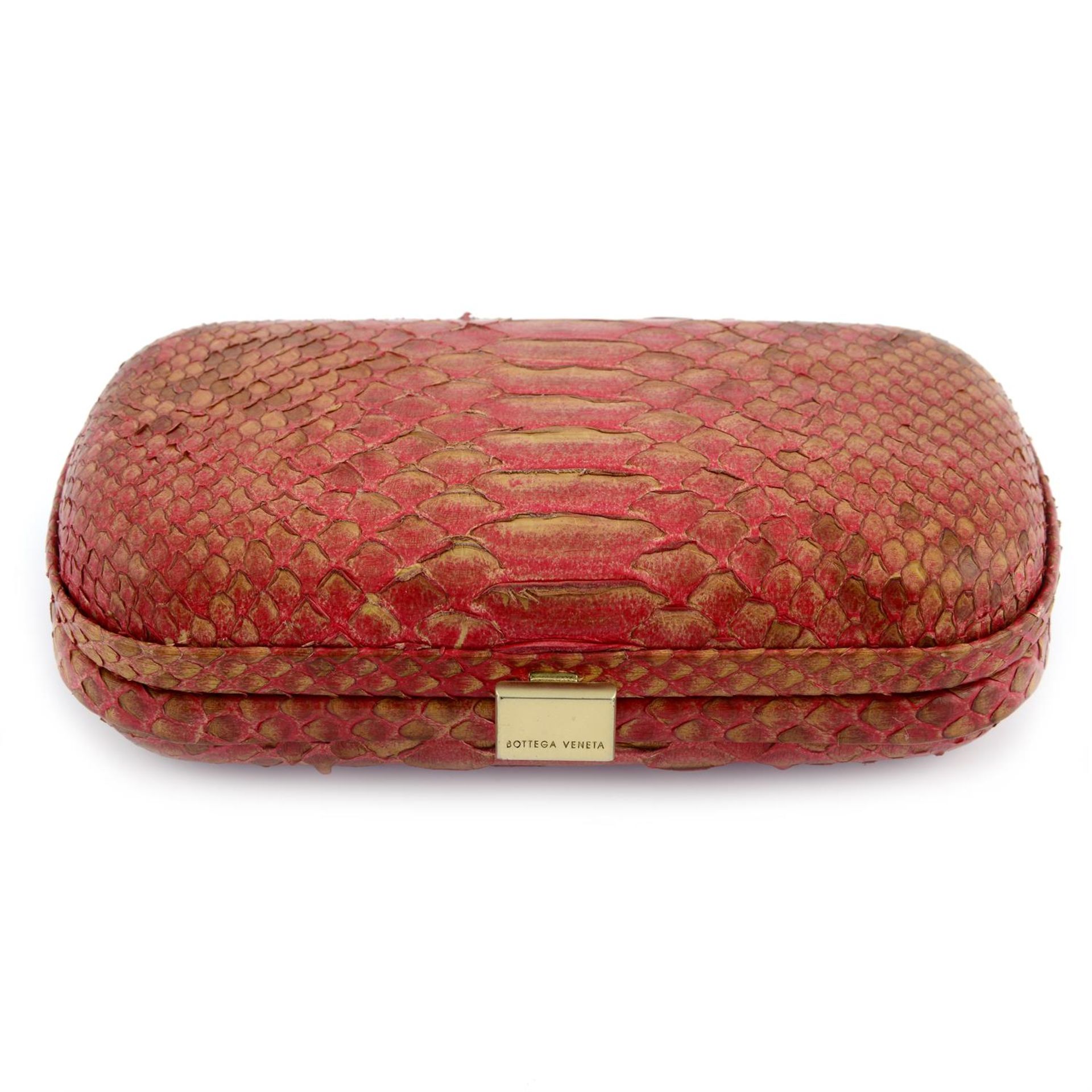 BOTTEGA VENETA - a pink snakeskin box clutch bag.