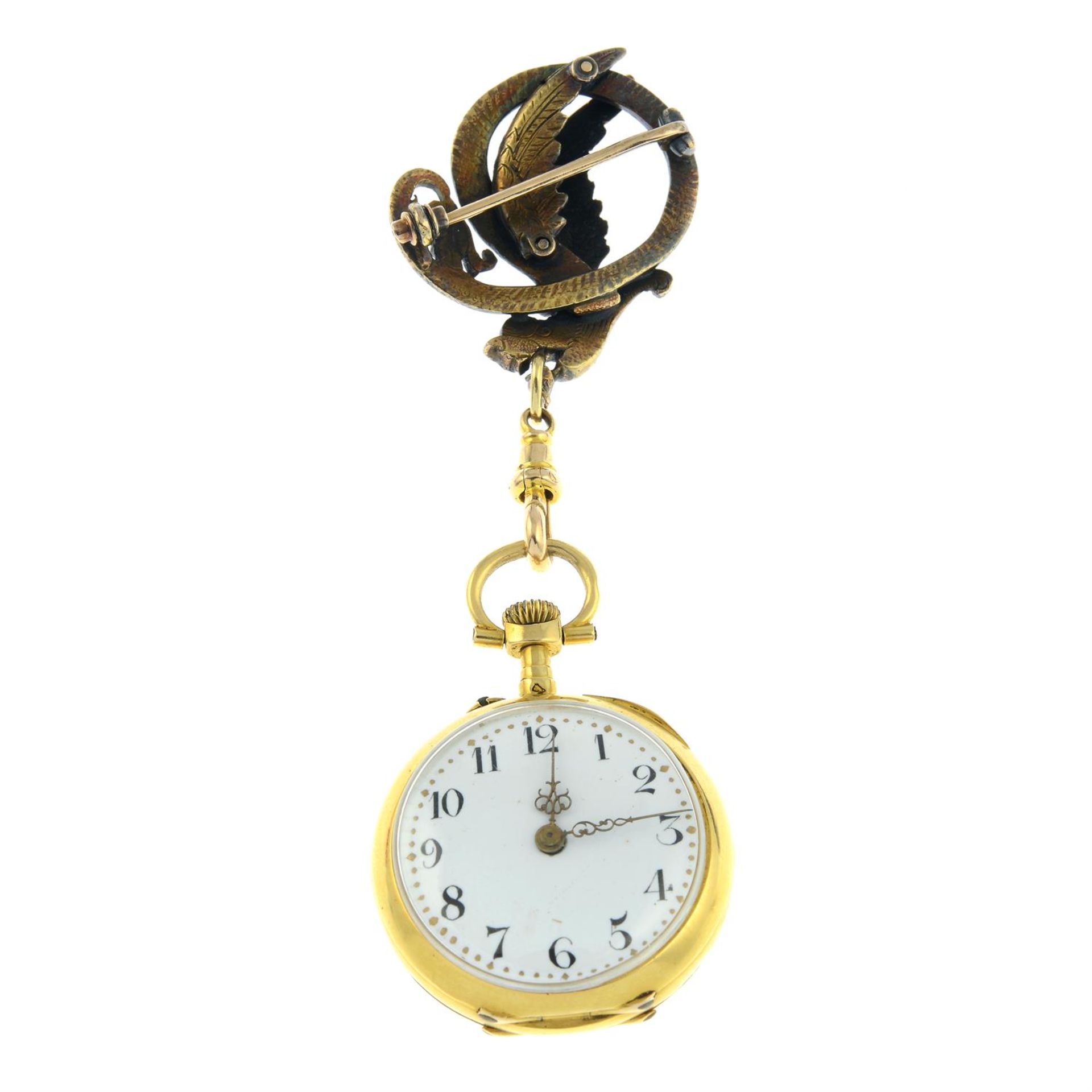 An Art Nouveau 18ct gold fob watch, with embossed lily pad and bullrushes, suspended from a lobster - Image 3 of 6