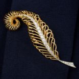 A mid 20th century old-cut diamond openwork feather brooch.