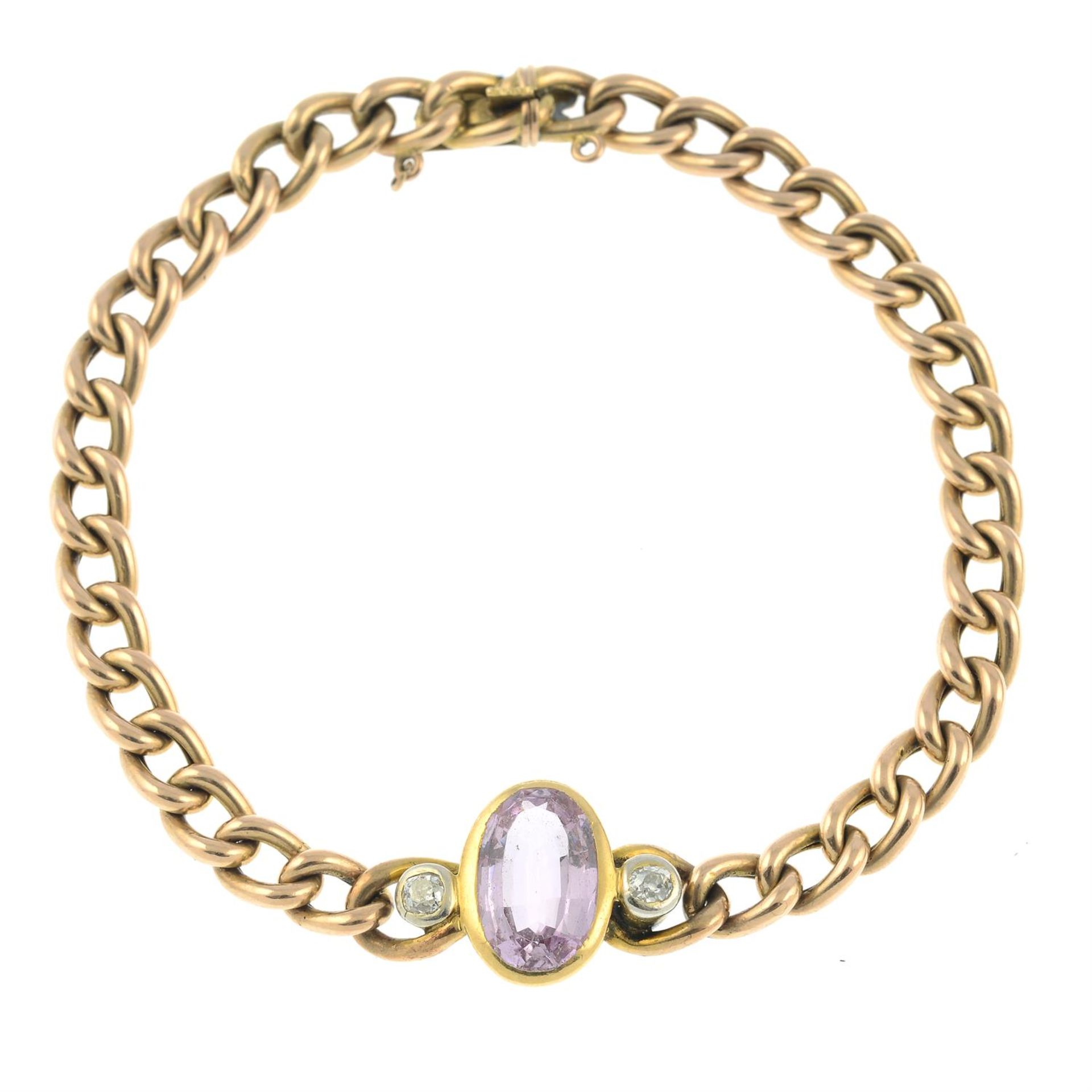 An early 20th century gold curb-link bracelet, with pink topaz and old-cut diamond sides inset. - Image 2 of 4